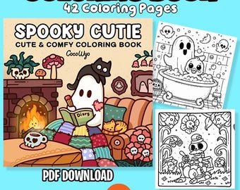 May include: A digital coloring book titled "Spooky Cutie" with 42 pages. The cover features a ghost reading a diary, a black cat, and a cozy scene. Additional pages show a ghost in a bathtub and a skeleton. PDF download available.