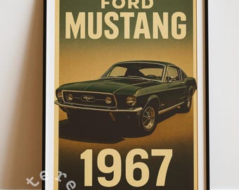Ford Mustang 1967 Car Poster | Km & Miles Car Poster | Vintage Car | Home Decor | Wall Decor | Premium Print | Digital Poster