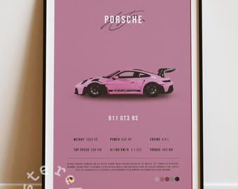 Pink Porsche GT3 RS Car Poster Prints | Kids and Children Poster | Car | Home Decor | Wall Decor | Premium Print | Digital Poster