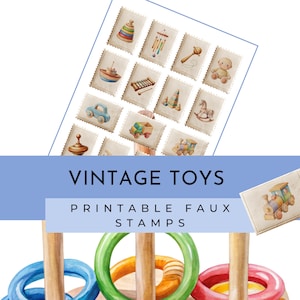 Sellos decorativos imprimibles de juguetes antiguos para diarios basura, sellos falsos de correo, efímeras de diario basura, sellos falsos de juguetes con nostalgia infantil