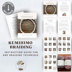 May include: A digital download guide titled "Beginner's Guide to Kumihimo Braiding" by Rowan & Flint. The guide includes instructions, materials, and step-by-step photos for the braiding technique. Two skeins of yarn are visible.