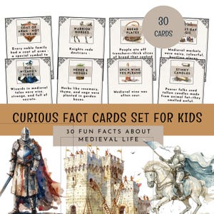 Schede informative per bambini, Pacchetto di carte della curiosità, Schede informative sulla vita medievale, Kit di strumenti di apprendimento, Tempo libero senza tecnologia, Mini carte per il pranzo al sacco, Schede storiche
