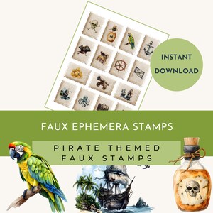 Sellos decorativos imprimibles de diario basura con temática pirata, sello de correo falso, efímeras de diario basura pirata, pegatinas de diario con temática pirata