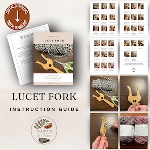 May include: A Lucet Fork instruction guide with step-by-step instructions on how to use this traditional crafting tool. The guide includes images of the Lucet Fork, yarn, and scissors. The guide is from Rowan & Flint.