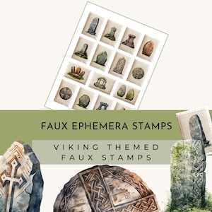 Sellos decorativos imprimibles de temática vikinga para diario basura, sellos falsos para correo, efímeras para diario basura, sellos falsos para diario de recortes de runas.