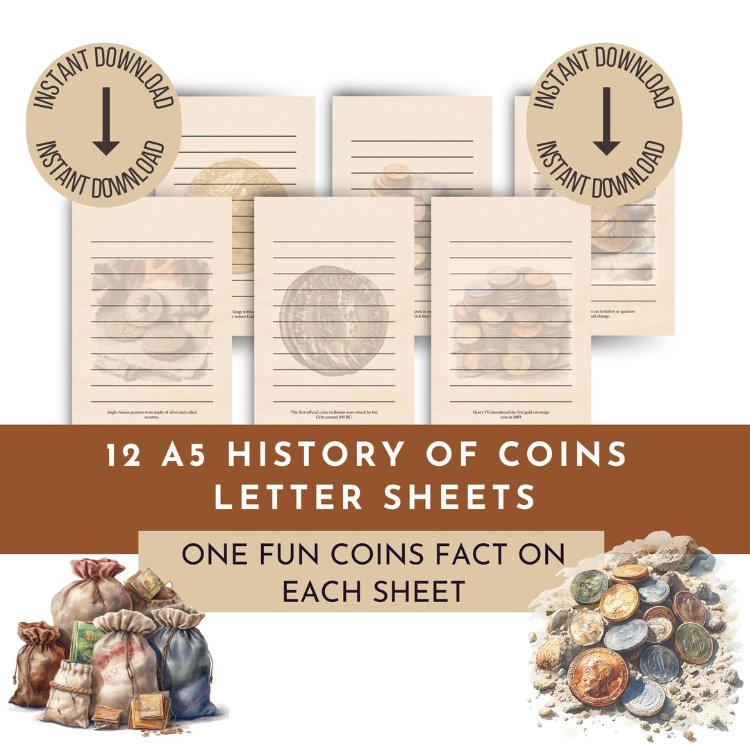 Coin Writing History of Coins Letter Writing Paper Printable, A5 Sized Stationery ...