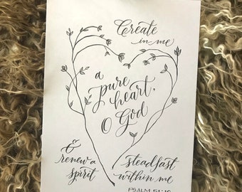 Psalm 51:10 - Hand-Lettered Scripture Print - Bella Scriptura Collection from Paperglaze Calligraphy