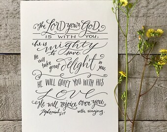 Zephaniah 3:17 - Hand-Lettered Scripture Print - Bella Scriptura Collection from Paperglaze Calligraphy