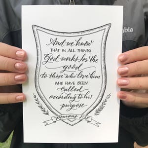 Romans 8:28 Hand-Lettered Scripture Print Bella Scriptura Collection from Paperglaze Calligraphy image 1