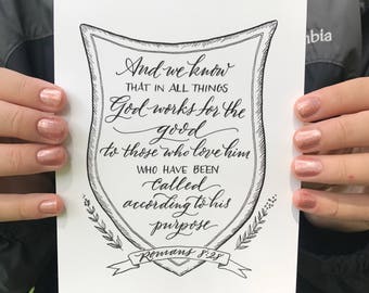 Romans 8:28 - Hand-Lettered Scripture Print - Bella Scriptura Collection from Paperglaze Calligraphy