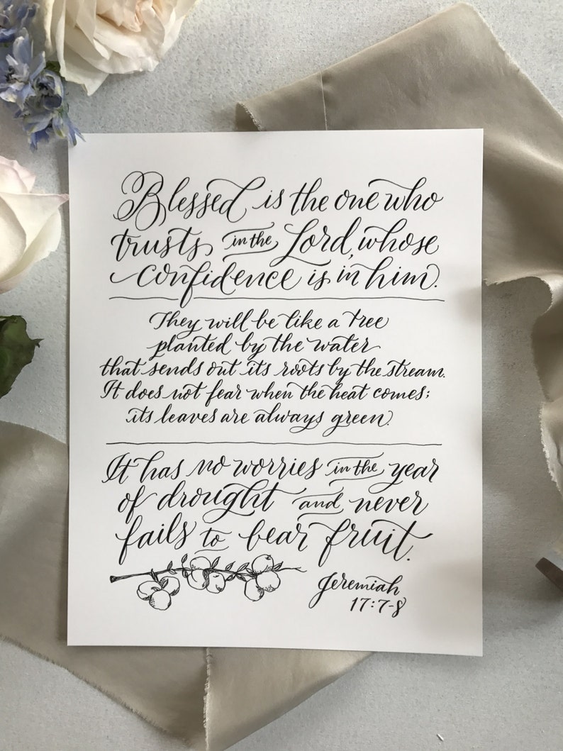 Jeremiah 17:7-8 Hand-Lettered Scripture Print Bella Scriptura Collection from Paperglaze Calligraphy image 1