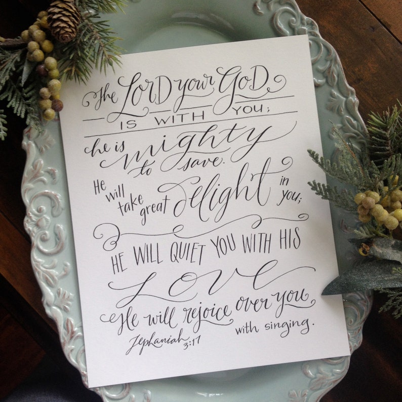 Zephaniah 3:17 Hand-Lettered Scripture Print Bella Scriptura Collection from Paperglaze Calligraphy image 2
