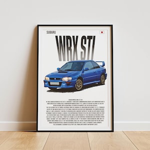 May include: A blue Subaru Impreza WRX STI 22B poster with a white background. The poster features a photo of the car, the Subaru logo, and the text "WRX STI" in large, bold letters. The poster also includes a description of the car's history and specifications.