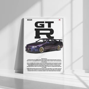 Nissan GT-R R34 Midnight Purple vintage car poster, high-resolution digital wall art print for car enthusiasts, iconic Japanese sports car, automotive decor, digital download, perfect gift for Nissan fans, retro car design, minimalist wall art, instant download, various print sizes available, stylish garage or office decoration, premium quality print-ready file, car enthusiast room accessory, automotive photography print, sleek car silhouette art