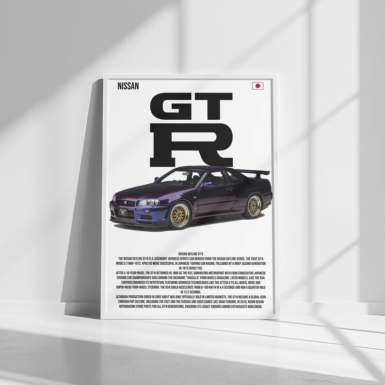 Nissan GT-R R34 Midnight Purple vintage car poster, high-resolution digital wall art print for car enthusiasts, iconic Japanese sports car, automotive decor, digital download, perfect gift for Nissan fans, retro car design, minimalist wall art, instant download, various print sizes available, stylish garage or office decoration, premium quality print-ready file, car enthusiast room accessory, automotive photography print, sleek car silhouette art