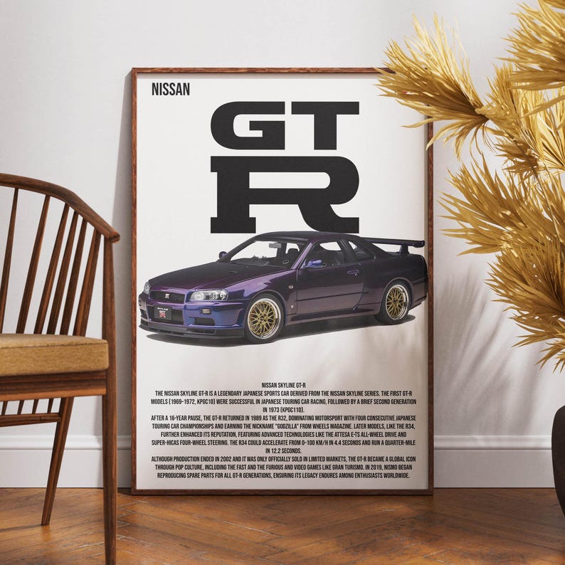Nissan GT-R R34 Midnight Purple vintage car poster, high-resolution digital wall art print for car enthusiasts, iconic Japanese sports car, automotive decor, digital download, perfect gift for Nissan fans, retro car design, minimalist wall art, instant download, various print sizes available, stylish garage or office decoration, premium quality print-ready file, car enthusiast room accessory, automotive photography print, sleek car silhouette art