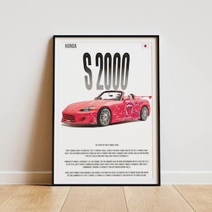 May include: A poster featuring a pink Honda S2000 with a custom paint job and the text "HONDA S2000" in large, bold letters. The poster also includes the text "The Story of Sun's Honda S2000" and a description of the car's history and features.