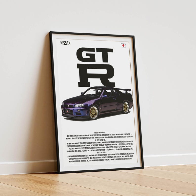 Nissan GT-R R34 Midnight Purple vintage car poster, high-resolution digital wall art print for car enthusiasts, iconic Japanese sports car, automotive decor, digital download, perfect gift for Nissan fans, retro car design, minimalist wall art, instant download, various print sizes available, stylish garage or office decoration, premium quality print-ready file, car enthusiast room accessory, automotive photography print, sleek car silhouette art