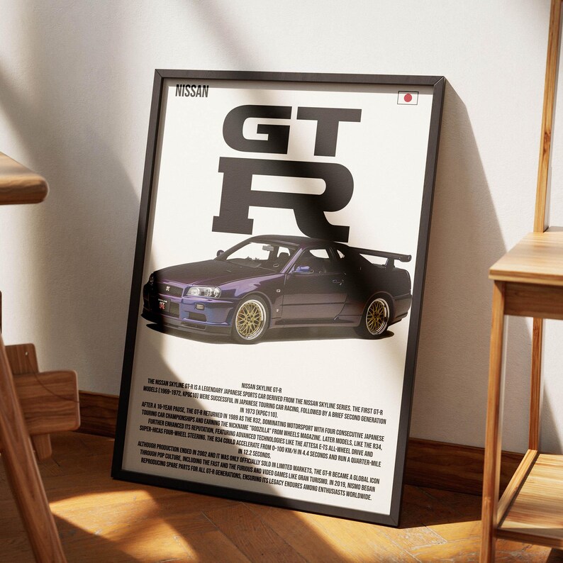 Nissan GT-R R34 Midnight Purple vintage car poster, high-resolution digital wall art print for car enthusiasts, iconic Japanese sports car, automotive decor, digital download, perfect gift for Nissan fans, retro car design, minimalist wall art, instant download, various print sizes available, stylish garage or office decoration, premium quality print-ready file, car enthusiast room accessory, automotive photography print, sleek car silhouette art