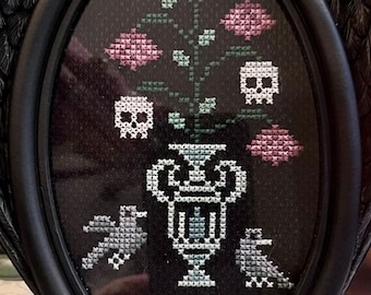 Gothic Skulls with Florals and Birds Digital Cross Stitch Pattern