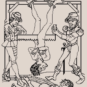 Op de afbeelding: Een zwart-witte illustratie die een martelingsscène voorstelt. Een persoon hangt ondersteboven aan zijn enkels, met zijn hoofd naar de grond. Twee figuren houden een zaag vast, die wordt gebruikt om de persoon doormidden te zagen. Twee andere figuren liggen op de grond, aan elkaar gebonden.