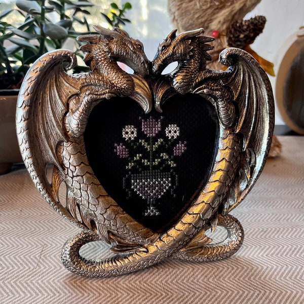 Fantasy Dragon Heart Photo or Cross Stitch Frame with FREE Copy Cross Stitch Pattern of Gothic Love