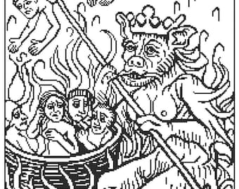 The King of Hell, digital cross stitch pattern of a medieval woodcut