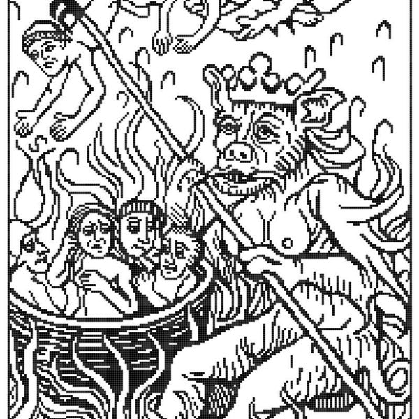 The King of Hell, digital cross stitch pattern of a medieval woodcut