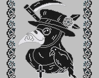 May include: Black and white cross stitch design of a plague doctor wearing a hat, mask, and holding a scythe. The design is framed with a black and white floral border.