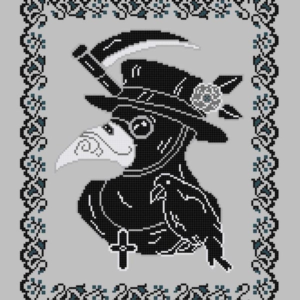 Plague Doctor Portrait with Crow DIGITAL PATTERN for Cross Stitch
