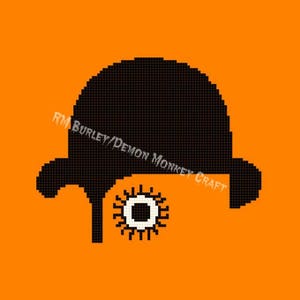 May include: A black and white pixel art image of a character wearing a bowler hat with a single eye. The background is orange.
