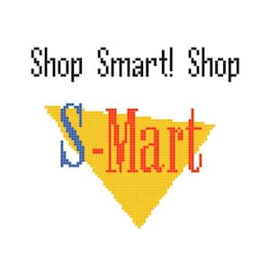 May include: A logo on a white background with the text "Shop Smart! Shop" above a yellow triangle. The triangle contains a blue "S" and red "-Mart" text, all in a pixelated, retro style.