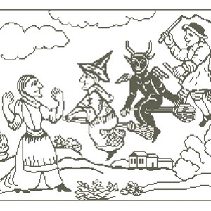 Puede incluir: Una ilustración en blanco y negro de una bruja volando en una escoba con un diablo y otra bruja. La bruja lleva un sombrero puntiagudo y un vestido largo. El diablo tiene cuernos y alas. La otra bruja lleva un sombrero puntiagudo y un vestido largo. Todos están volando sobre una pequeña casa y algunos árboles.