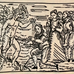 May include: A black and white woodcut illustration depicting a winged demon offering a chalice to a kneeling figure. Several other figures stand behind the kneeling figure, all looking on.