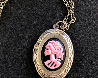 NEW PRICE! Sweetheart Pink Skeleton Cameo Locket Necklace