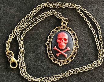 NEW PRICE! Red Skull and Crossbones Pendant Necklace