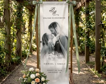 Personalized Wedding Welcome Tapestry, Custom Photo Sign Wedding Decor, Cotton Linen Sign