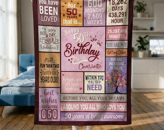 Custom 50th Birthday Gifts for Women, Custom Name 50th Birthday Blanket Throw Gifts for Hers, Turning 50 Gifts