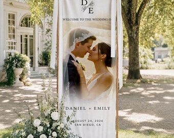 Personalized Wedding Welcome Sign, Cotton Linen Wedding Photo Tapestry, Couple Portrait Banner Party Decor