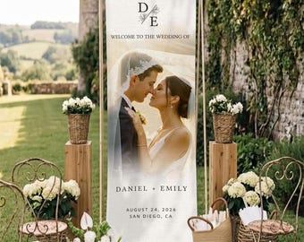 Personalized Wedding Welcome Sign, Cotton Linen Wedding Photo, Couple Portrait Banner Party Decor