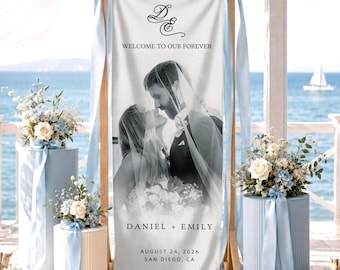 Personalized Wedding Welcome Sign, Custom Cotton Linen Wedding Photo Tapestry, Beach Wedding Party Decor