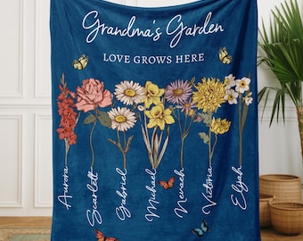 Grandma's Garden Blanket, Personalized Floral Fleece, Grandkids Names
