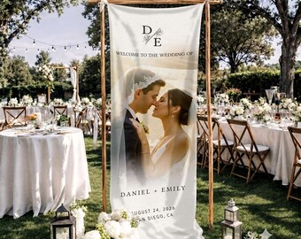 Personalized Wedding Welcome Sign, Custom Cotton Linen Wedding Photo Tapestry, Boho Wedding Decor