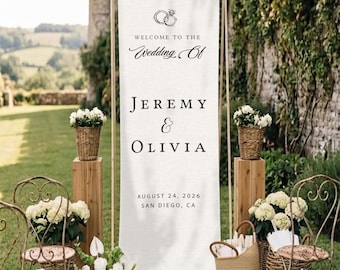 Personalized Wedding Welcome Sign, Custom Cotton Linen Wedding Tapestry for Reception, Wedding Decor Gift, Engagement Party Sign