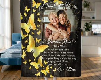 Personalized Memorial Photo Blanket, A Hug From Heaven Sympathy Keepsake for Loss of Mom
