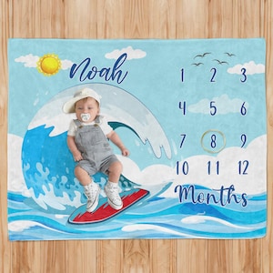 Beach Waves babydeken, aangepaste surfplank babyjongen strand mijlpaal deken, baby maand deken, babyshower cadeau, pasgeboren babycadeau