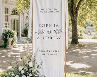 Personalized Wedding Welcome Sign, Cotton Linen Wedding Tapestry for Reception, Rehearsal Dinner, Wedding Party Decor
