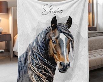 Custom Pet Photo Blanket, Personalized Horse Portrait Blanket, Watercolor Equestrian Fleece