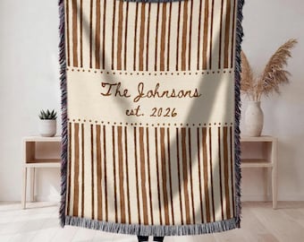 Personalized Family Name Woven Blanket, Custom Last Name and Est Year Blankets, Anniversary Throw Gift For Couple, Housewarming Gift