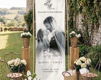 Personalized Wedding Welcome Sign, Custom Cotton Linen Wedding Photo Tapestry, Wedding Party Decor Gift